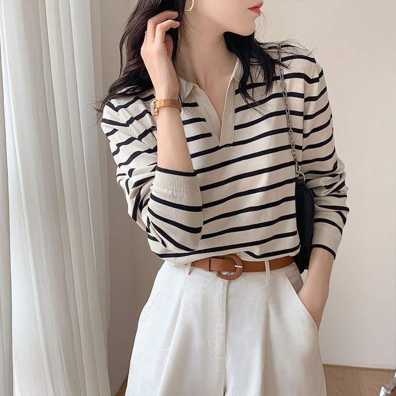 Manga longa de malha primavera outono Commuter exterior Wear com decote em V novo estilo POLO All-Match listrado camisa