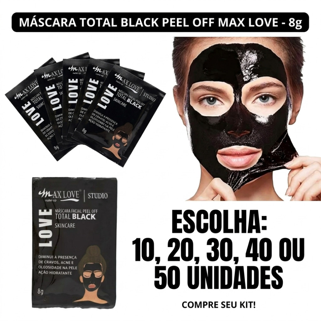Kit 10/20/30/40/50 Máscara Facial Peel Off Max Love Total Black Limpeza Profunda Anti Cravos