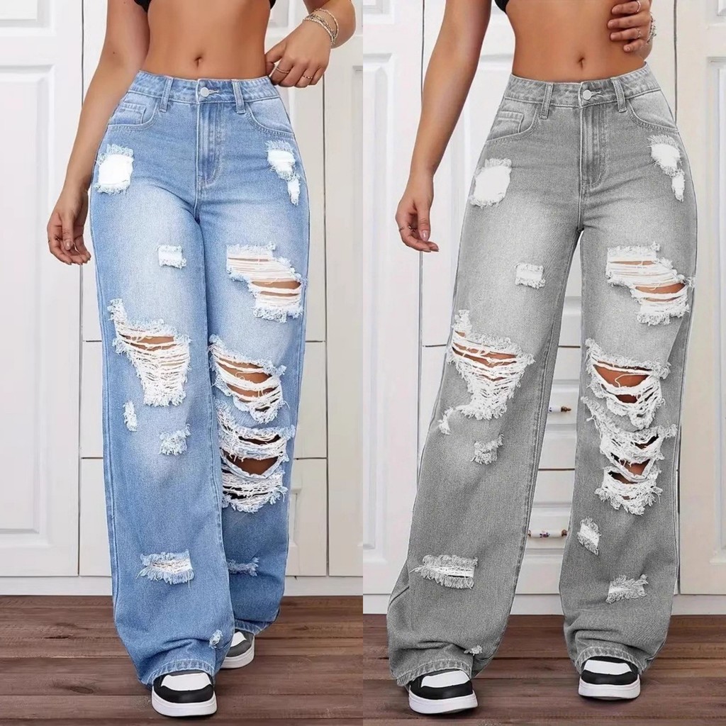 Calça jeans Feminina Rasgada calca , Lavada Com Água , Cintura Alta , Perna Reta , Versátil , Solta
