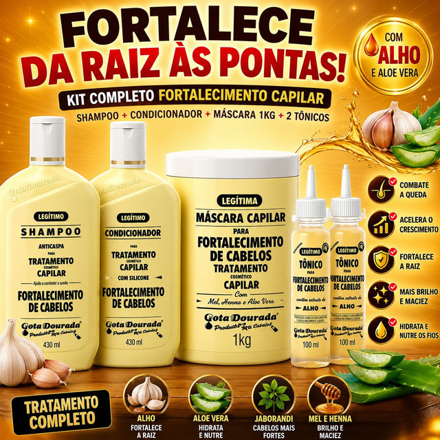 Kit Shampoo e Condicionador 430ml + Máscara Capilar 1kg + 2x Tônico Capilar Tradicional Fortalecimento Gota Dourada