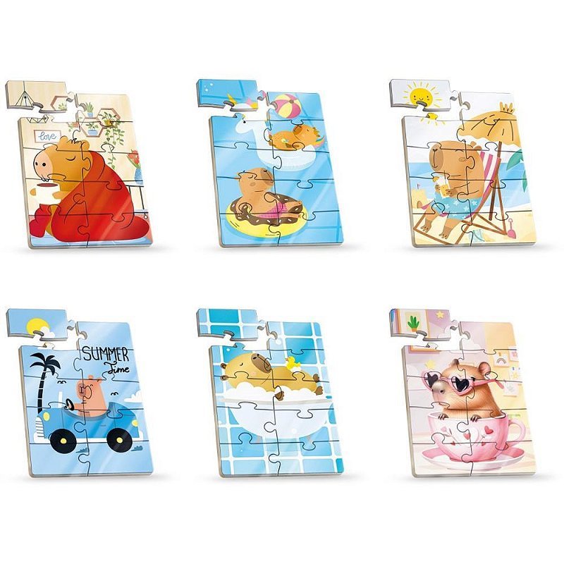 Kit com 6 Quebra-cabeça sortido De Madeira Capivara Mini 10 Peças Display Com 6 Unidades