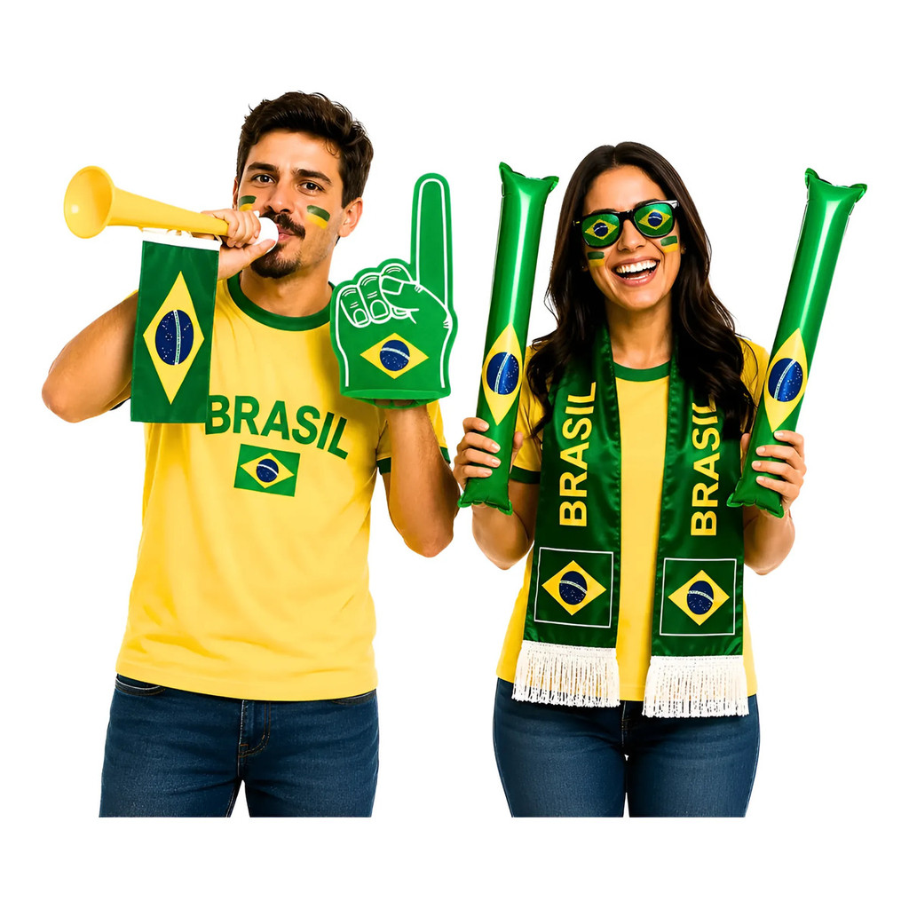 Kit Completo 5 Itens Balão Sticker Corneta Vuvuzela Dedo Espuma Cachecol Óculos Torcedor Copa Do Mundo Bandeira Brasil
