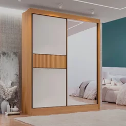 Guarda Roupa Casal 2 Portas 3 Gavetas com Espelho 100% MDF Grécia Ripado Marrom/Cinammo/Off White Cinamomo/Off White