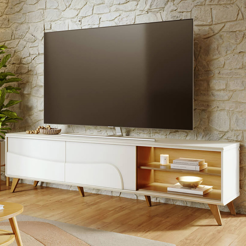 Rack Para Sala de Estar TV 75 Pol Com LED Pés Retrô 216cm Salerno C04 Off White Matte Freijó- Lyam Decor