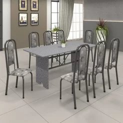 Conjunto de Mesa 180x75cm Tampo Granito com 8 Cadeiras Lavínea Cinza/Martelado Prata/Ocre/Paraopeba Martelado