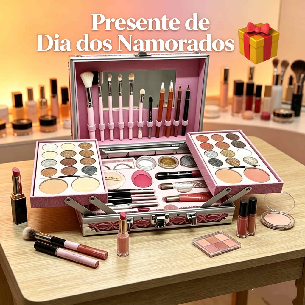 Maleta Completa de Maquiagem Luxo Presente Dia dos Namorados Sombra Blush Iluminador Cores Dourado Prata Rosa