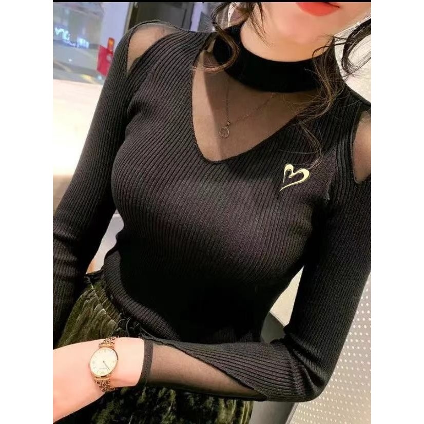 Outono inverno venda quente gaze Sexy camisa de fundo High-End moda tricô máquina cuidadosa Halter pescoço estilo ociden