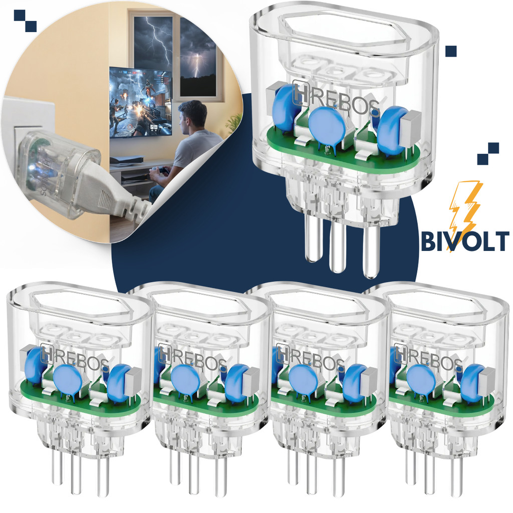 Kit 05 Protetor de Surto Dps Hrebos 3 Pinos 20A Bivolt Transparente Anti Raio Surtos Elétricos