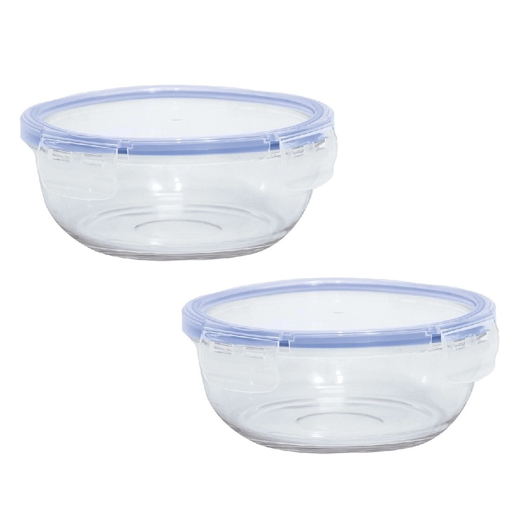 Kit 2 Potes De Vidro Hermético Tigela Freezer Micro-ondas Marmita Antivazamento Vedação 4 Travas Alimento Redondo