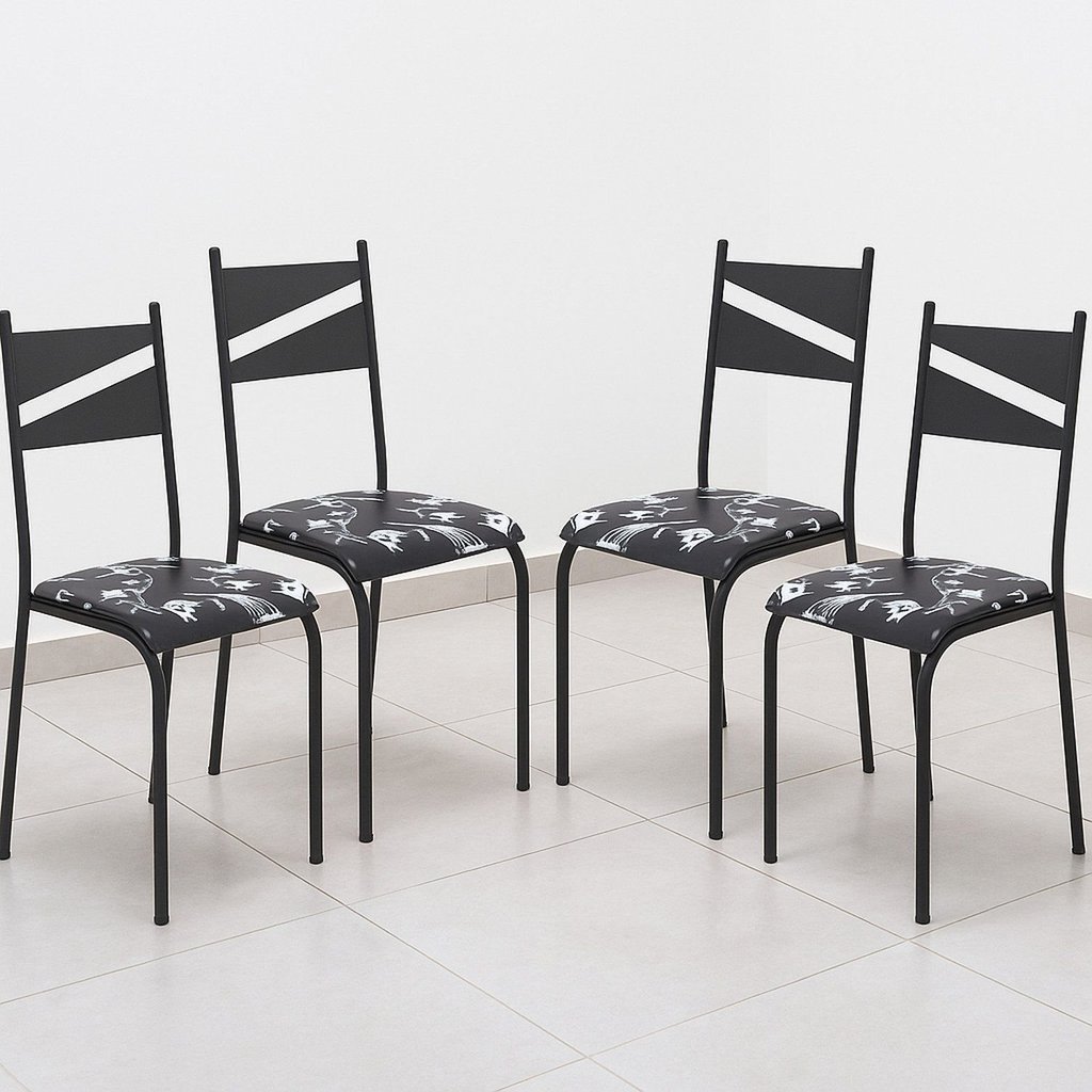 Conjunto 4 Cadeiras para Cozinha e Sala de Jantar Preto/Floral