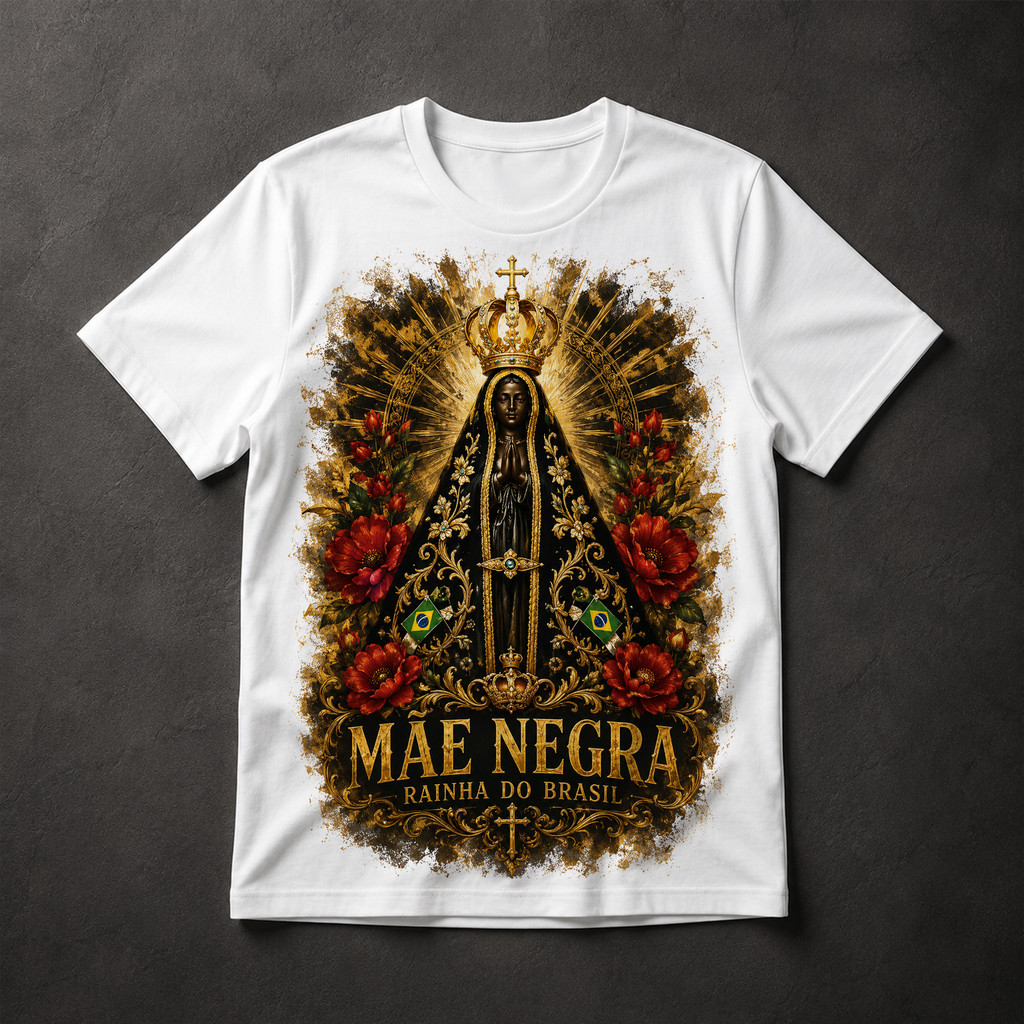 Camiseta Nossa Senhora Aparecida Mãe Negra Rainha do Brasil Fé Religioso Masculina