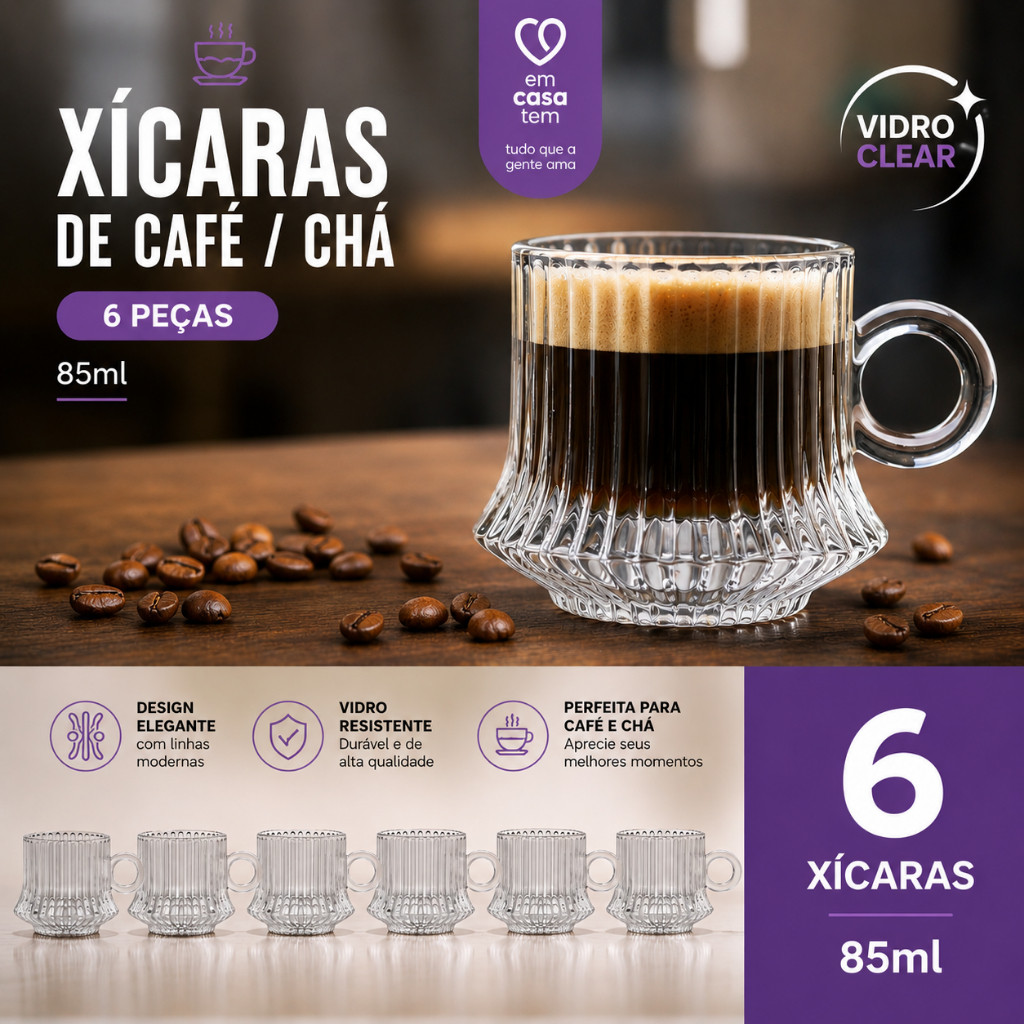 Jogo de Xicaras 6 PEÇAS de Vidro Modelo Lines 85ml Moderna Para Cozinha e Café Chá Resistente