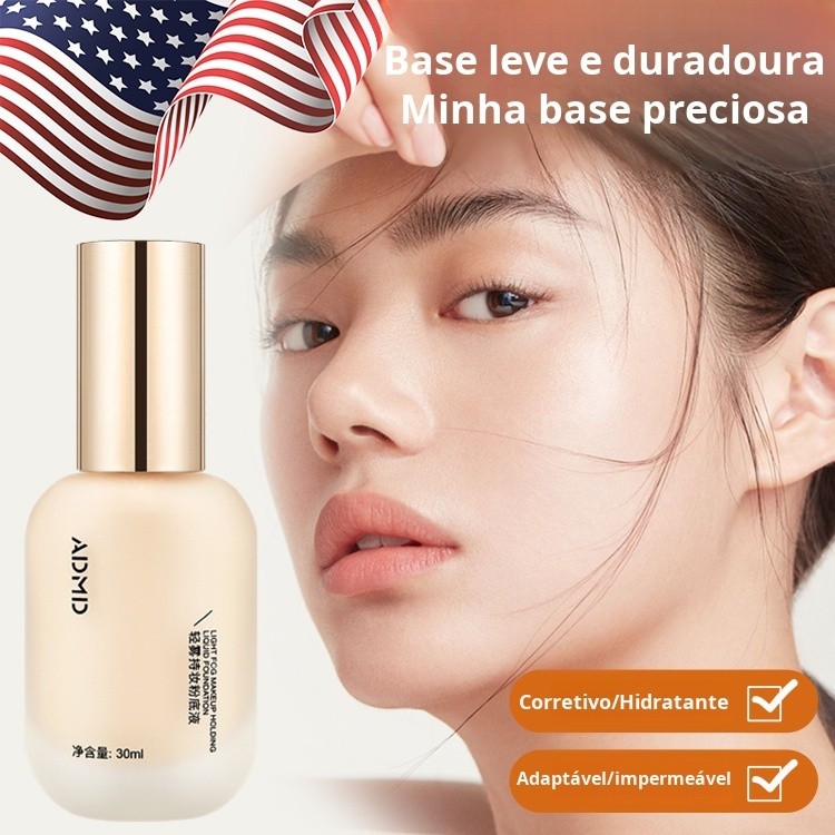 Base Líquida Hidratante Resistente à Água Com Cobertura Natural e Longa Duração