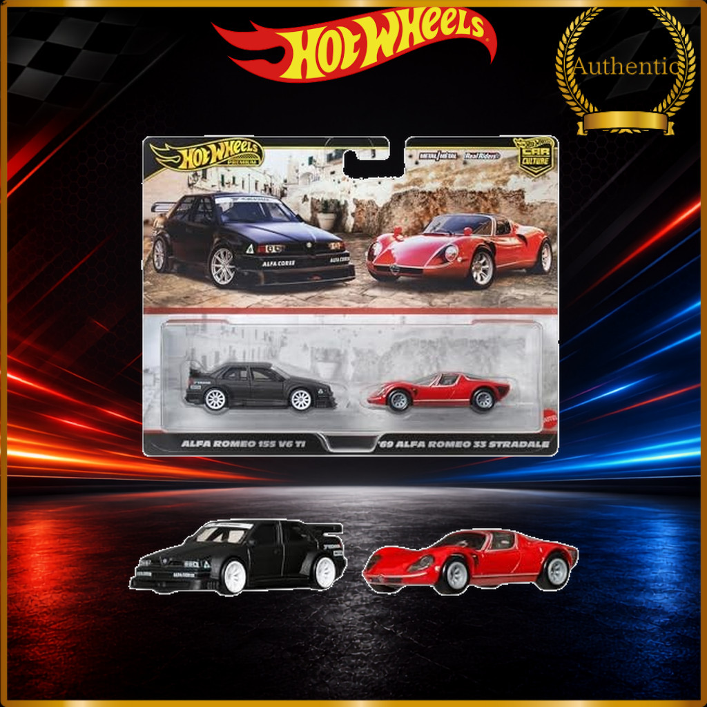 Hot Wheels Premium 2-Pack Alfa Romeo 155 V6 TI & '69 Alfa Romeo 33 Stradale JBK95 1:64 Die-Cast Cars