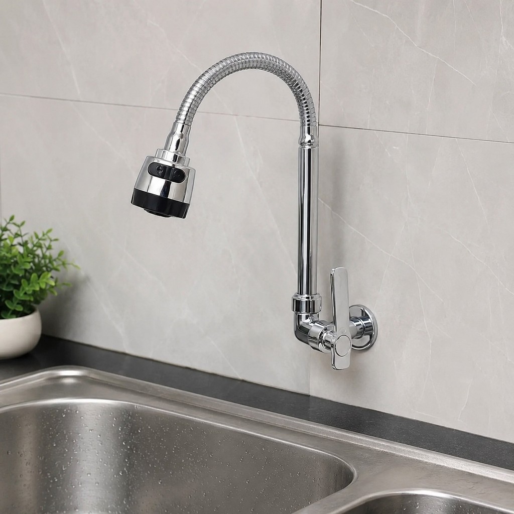 Torneira Inox Com Chuveiro Com Rotação De 360° Cozinha Luxo Parede