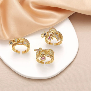Anel Largo de Cristal para Mulheres / Cobre Banhado a Ouro / Cruz em Forma de Coração / Joia Personalizada rigm76 7FXC D