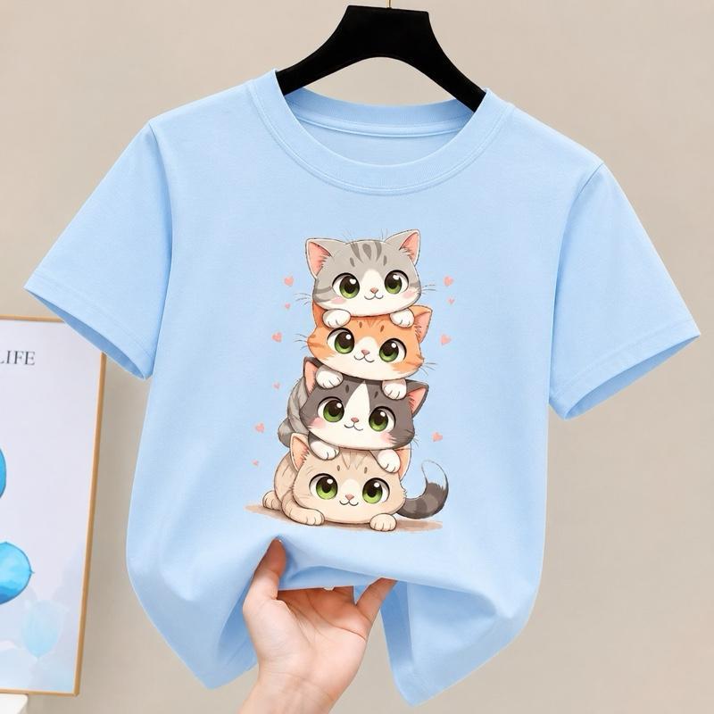 Camiseta Algodão Infantil Tshirt Estampada Gatinhos Empilhados Moda Juvenil Blusa Menina Blogueira Gatinhos Empilhados