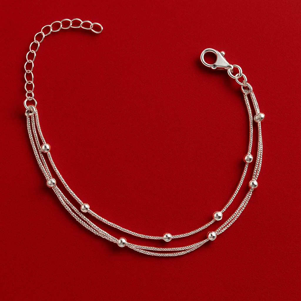 [ SEMI JOIA ] Pulseira Feminina Veneziana Tripla com Bolinhas Delicadas Prata 925 Anti Alérgico