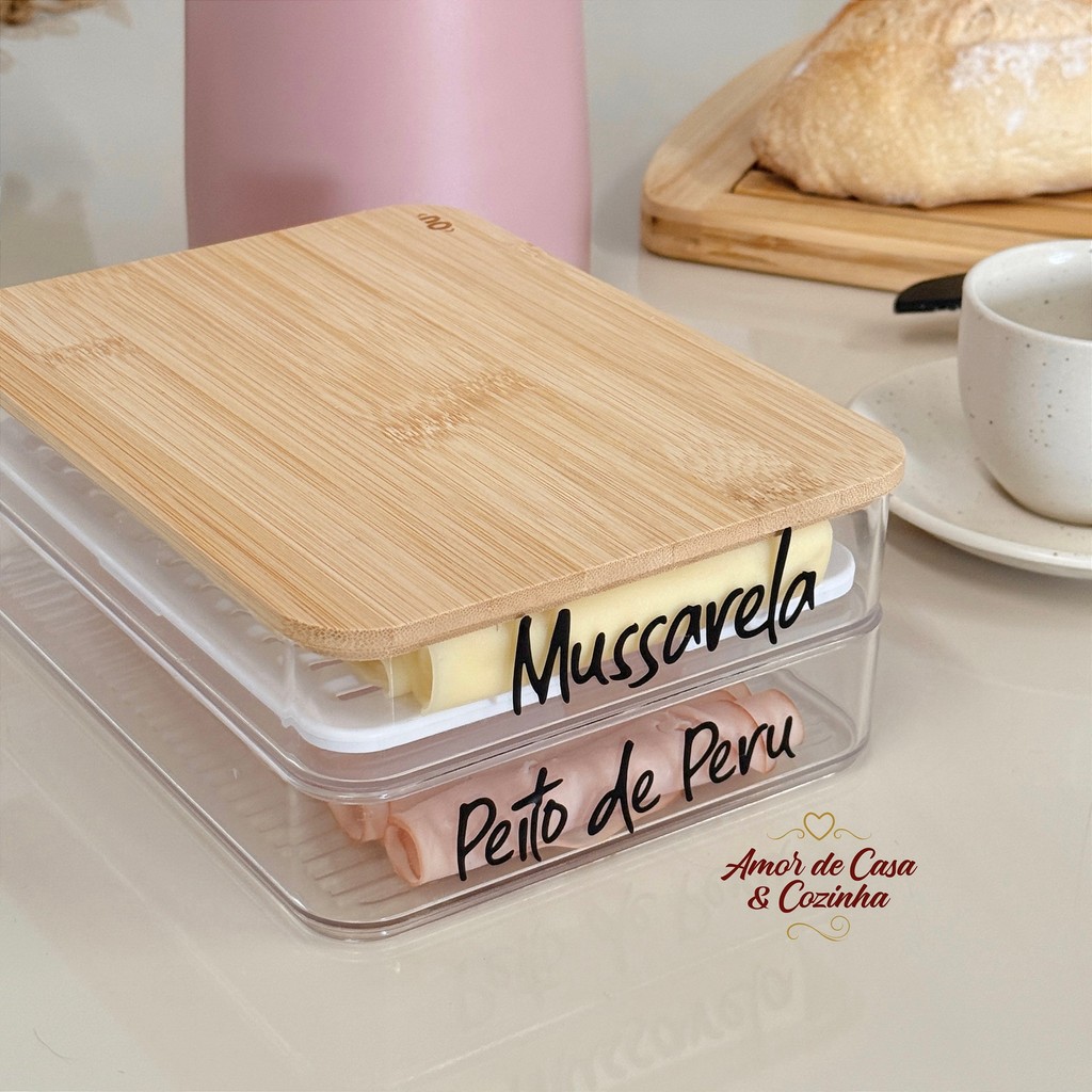 PORTA FRIOS DUPLO CLEAR ESPECIAL TAMPA DE BAMBU NATURAL PERSONALIZADO em Oferta na Shopee