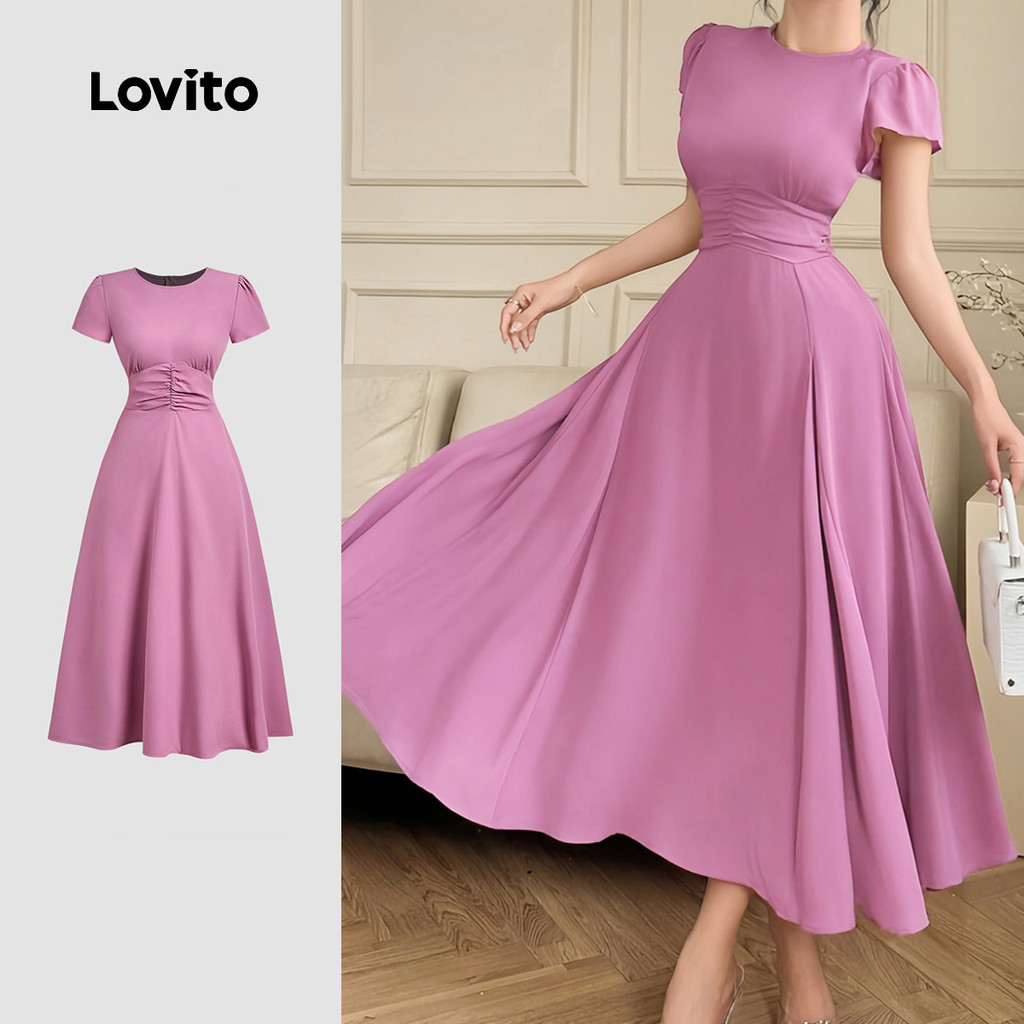 Lovito Vestido Elegante Pregueado Simples de Primavera/verão Vestido Cinza Rosa para Mulheres L143ED270