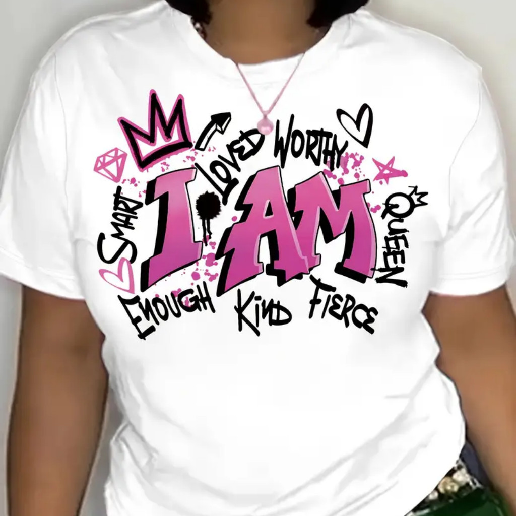 Camiseta De Gola Redonda Estampada Com Graffiti, Manga Curta, Top Casual Para Primavera E Verão, Roupa Feminina
