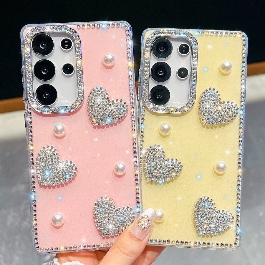 3D Diamante Pérola Amor Coração Caso Para Samsung S24 FE S25 Plus S23 Ultra A16 A26 A36 A56 A07 A17 A15 A35 A55 5G Bling