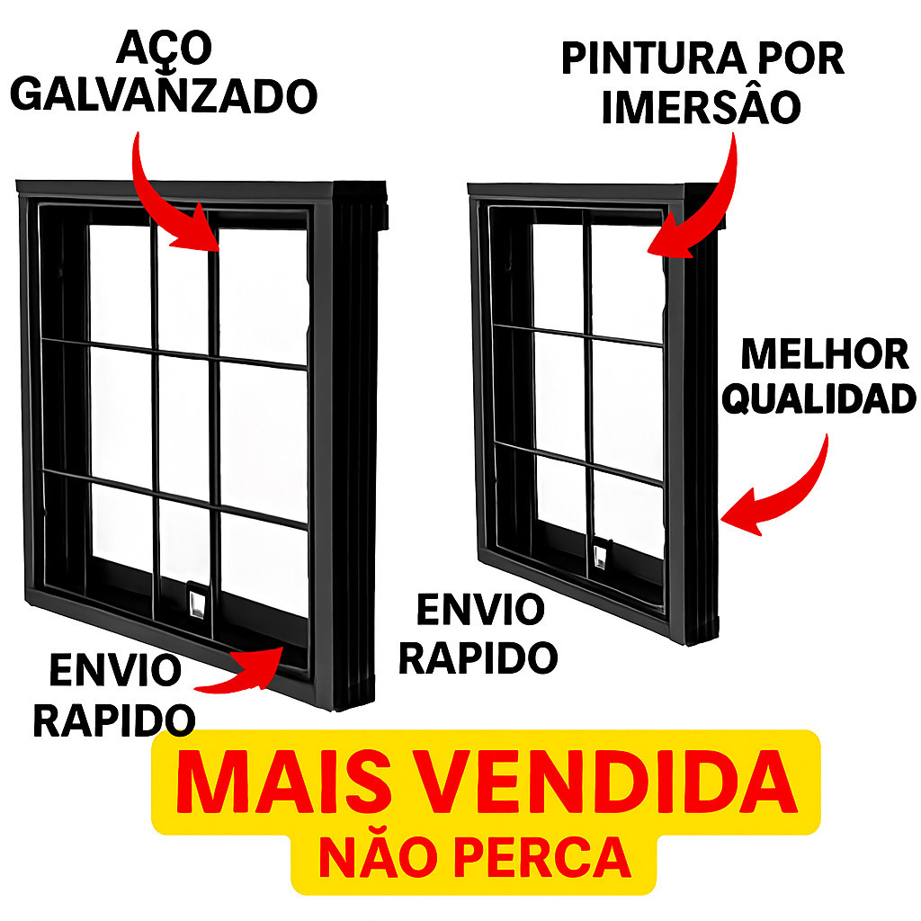 Kit 2 Janela Vitrô Basculante 50x50 em Aço com Grade – Para Banheiro – Sem Vidro – Instalação Fácil