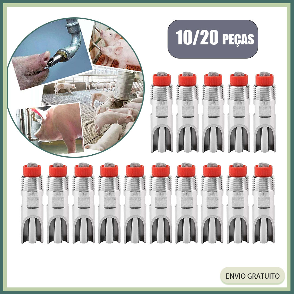 10/20x Bebedouro de aço inoxidável para porcos, rosca de 1/2 polegada, tampa vermelha, bebedouro automático para porcos