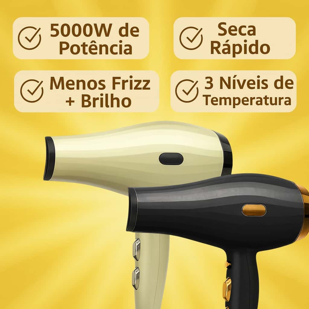 Secador de Cabelo Profissional Turbo 5000W – 110V / 220V c/ Difusor + Bico Direcionador | Alta Potência e Secagem Rápida