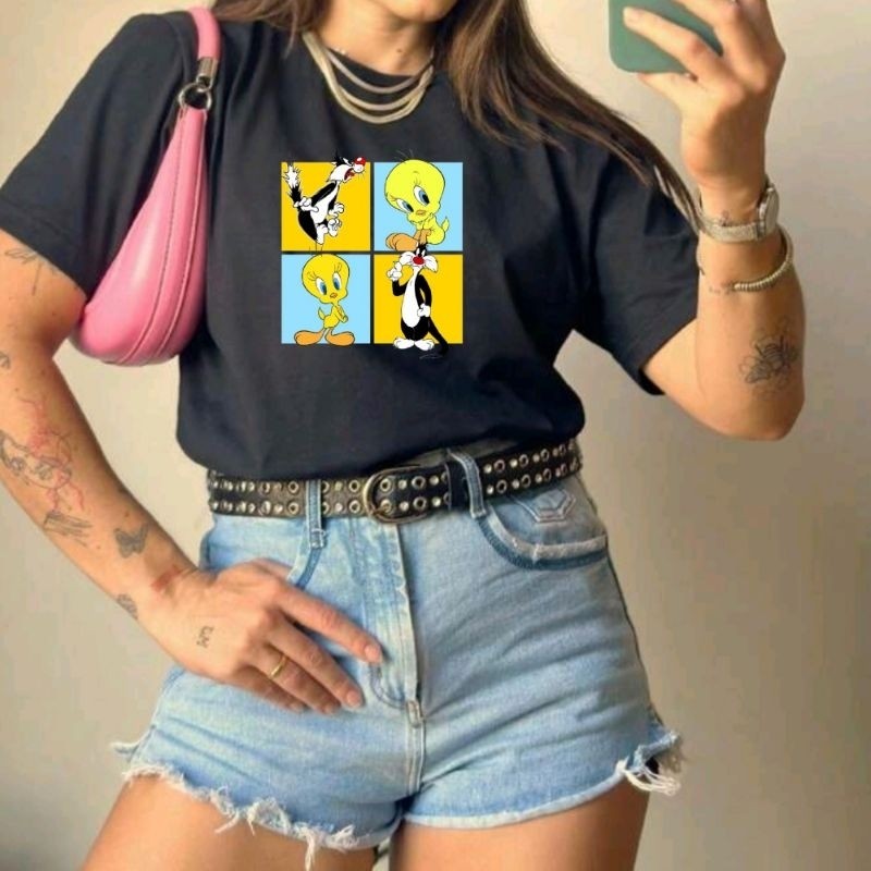 Camisa Feminina Estilosa Piu Piu T-shirt Algodão Camisa Estampada Academia Casual