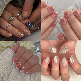 unha postiça realista curta amendoada Com Cola kit unhas postiças decoradas Ovais francesinha press on nails em Oferta na Shopee