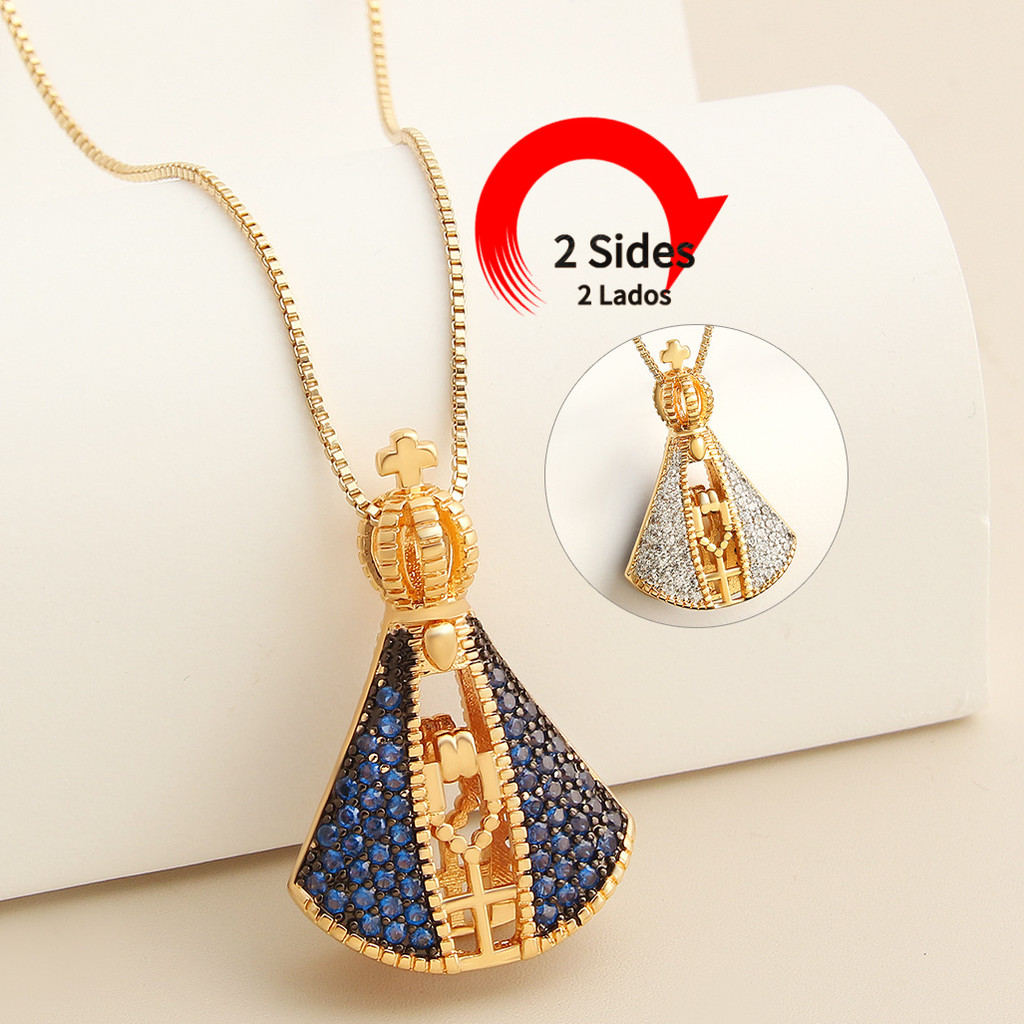 Colar de Nossa Senhora para Mulheres, Cruz Dupla Face, Nossa Senhora Apareceu, Colar Banhado a Ouro 18K, Presentes