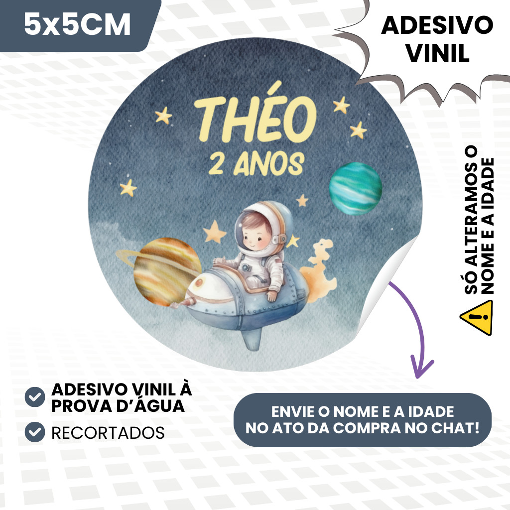 Adesivos Vinil 5x5cm Personalizados Para Lembrancinhas de Aniversário Infantil Menino Astronauta Galaxia