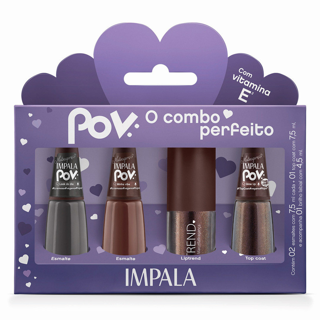 Kit Marcella Bragança 2 Esmaltes 1 Gloss Labial 1 Top Coat Coleção POV Impala