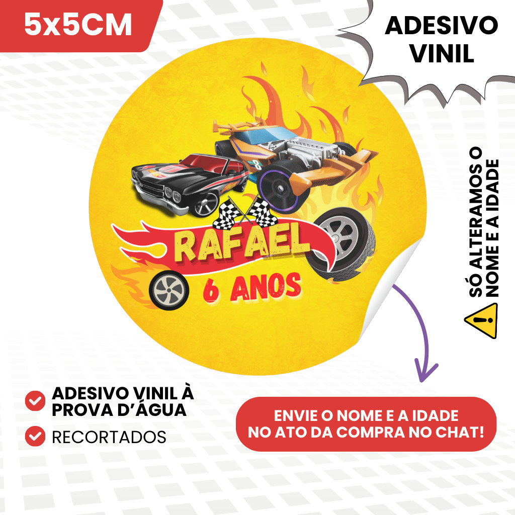 Adesivos Vinil 5x5cm Personalizados Para Lembrancinhas de Aniversário Infantil Hot Wheels