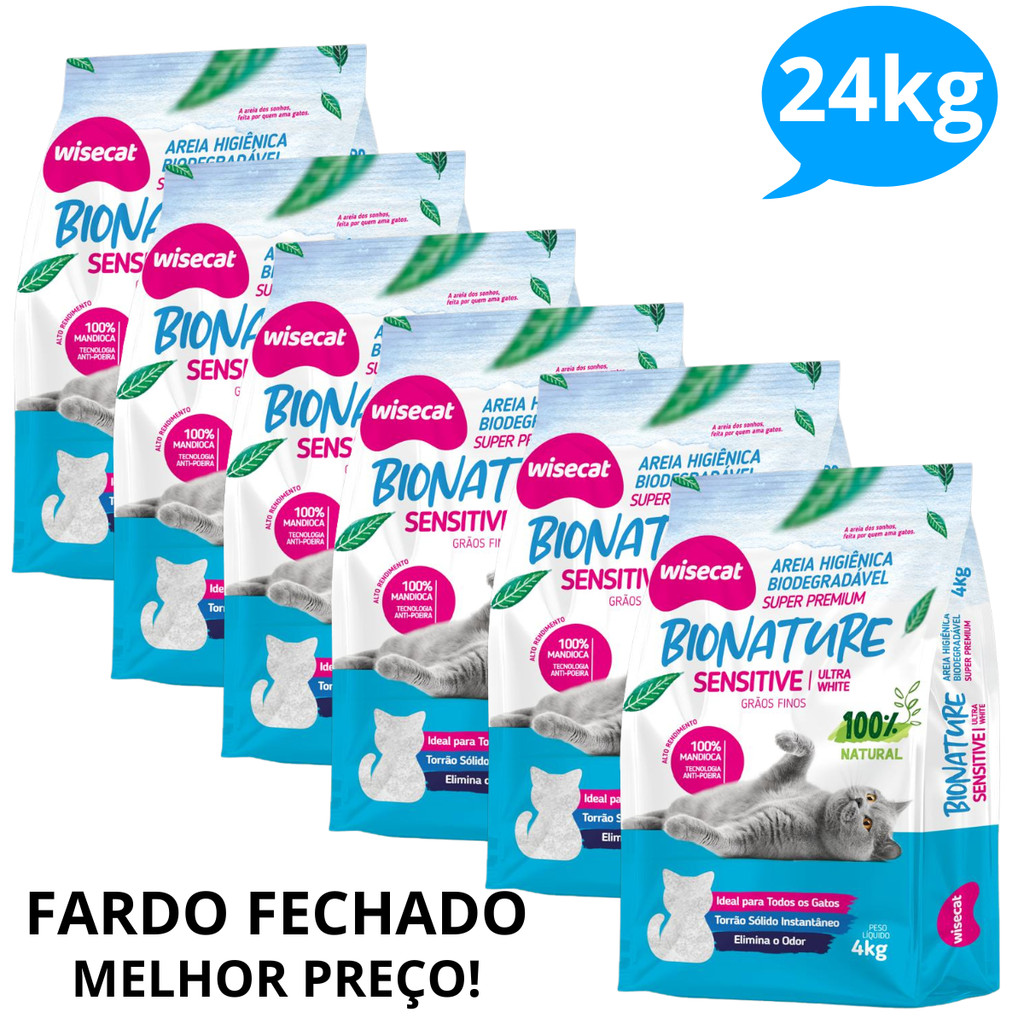 Kit 6 Areia Sanitária De Mandioca Grãos Finos Para Gatos Biodegradável Wisecat FARDO 24kg