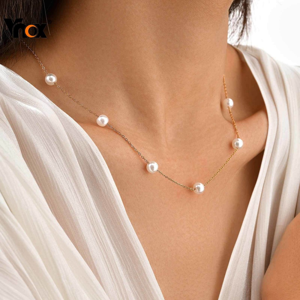 Vnox Pérola Link Corrente Colar Feminino Meninas Ouro Aço Inoxidável Não Manchar & Ajustável Jóias