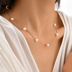 Vnox Pérola Link Corrente Colar Feminino Meninas Ouro Aço Inoxidável Não Manchar & Ajustável Jóias