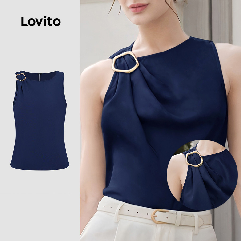 (NEW) Lovito Blusa Elegante Assimétrica com Fivela de Metal para Mulheres - Primavera/verão Azul Marinho L155ED1910 em Oferta na Shopee