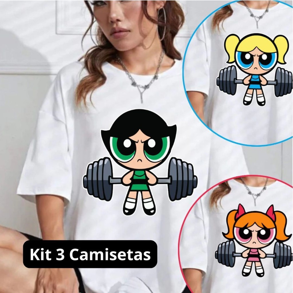 Kit 3 Camisetas Academia Feminina Estampada Super Poderosas Lindinha, Docinho, Florzinha - Algodão