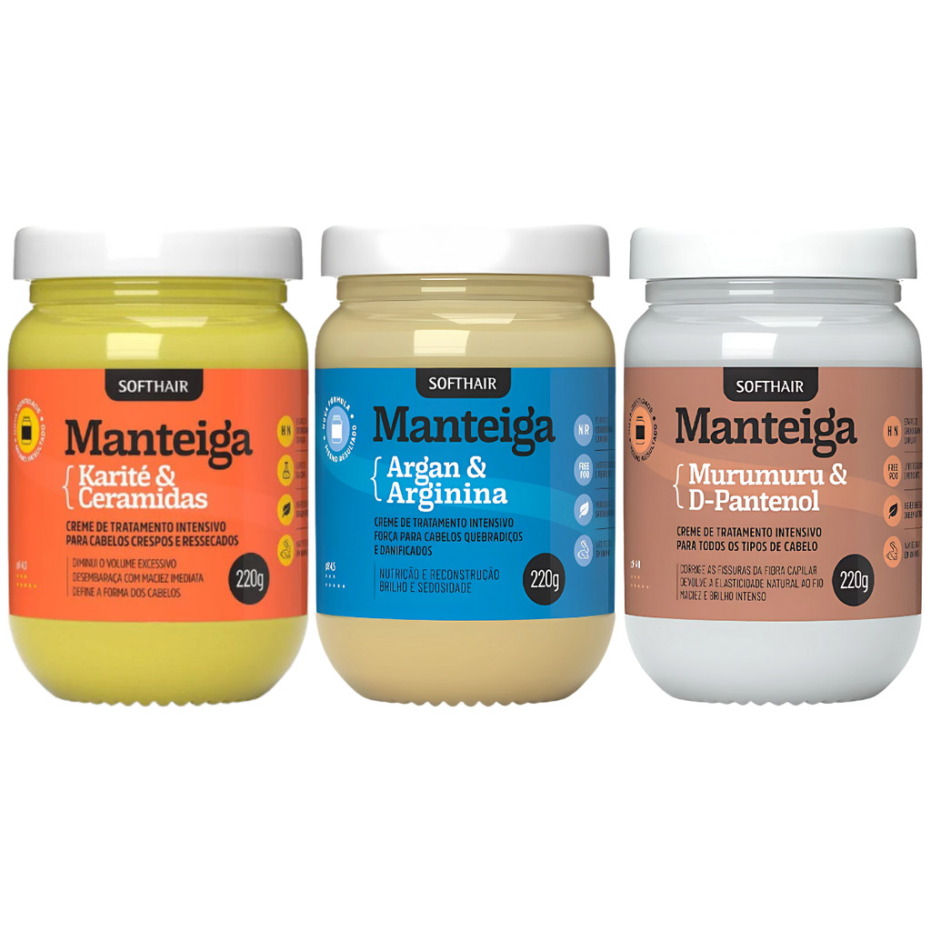 Kit Cronograma Capilar Manteiga Soft Hair Completo Mascara Karite + Murumuru + Argan 220g em Oferta na Shopee