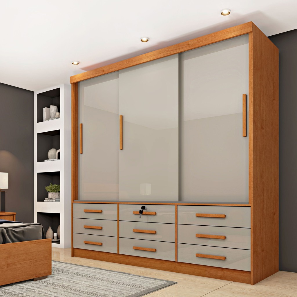Guarda Roupa Casal 3 Portas 9 Gavetas 199cm Chicago   Cinamomo/Off White em Oferta na Shopee