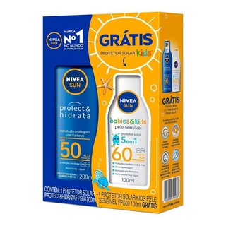 Kit Protetor Solar Facial Nivea Sun Protect & Hidrata FPS50 200ml + Corporal Nivea Sun Babies & Kids 5 em 1 FPS60 100ml