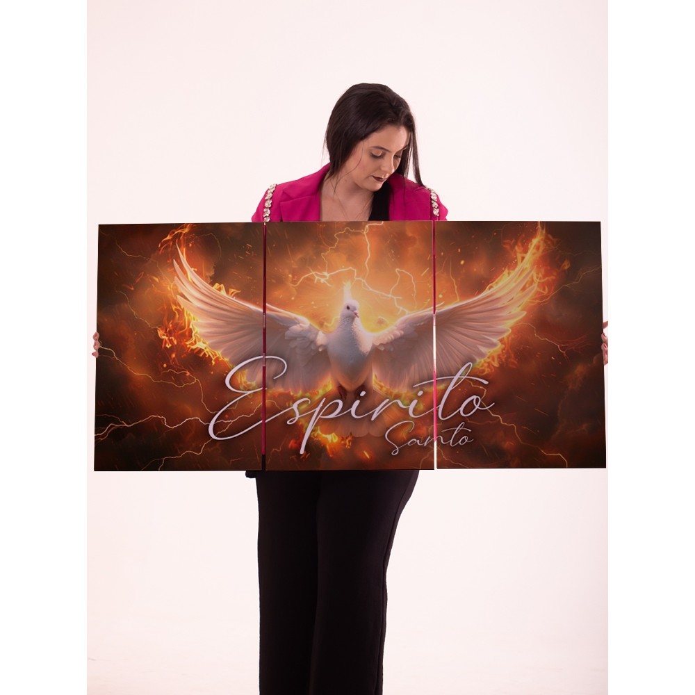 Quadro Decorativo Espírito Santo 3 Peças Pomba Branca com Fundo de Fogo Raios Arte Religiosa Cristã
