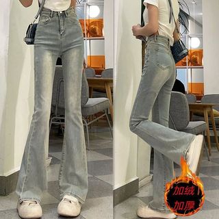 Forro de lã engrossado angustiado Micro-queimado Jeans feminino versão coreana cintura alta mais magro olhar magro-