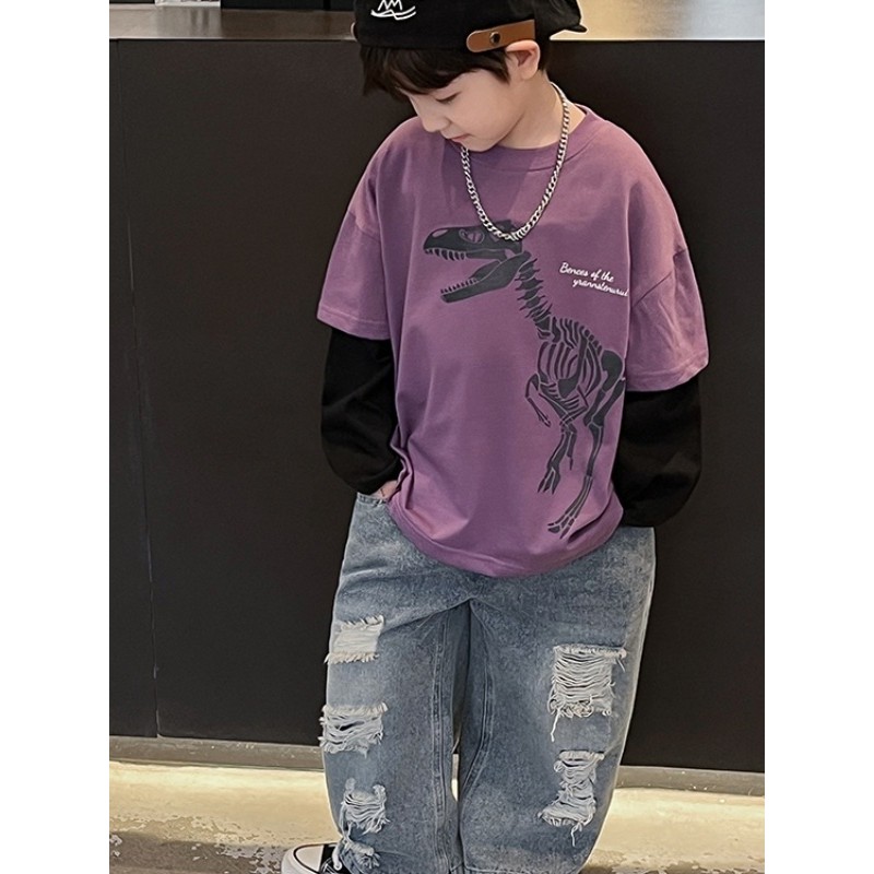 Meninos dos desenhos animados dinossauro falso de duas peças de manga comprida camiseta primavera outono novo estilo méd