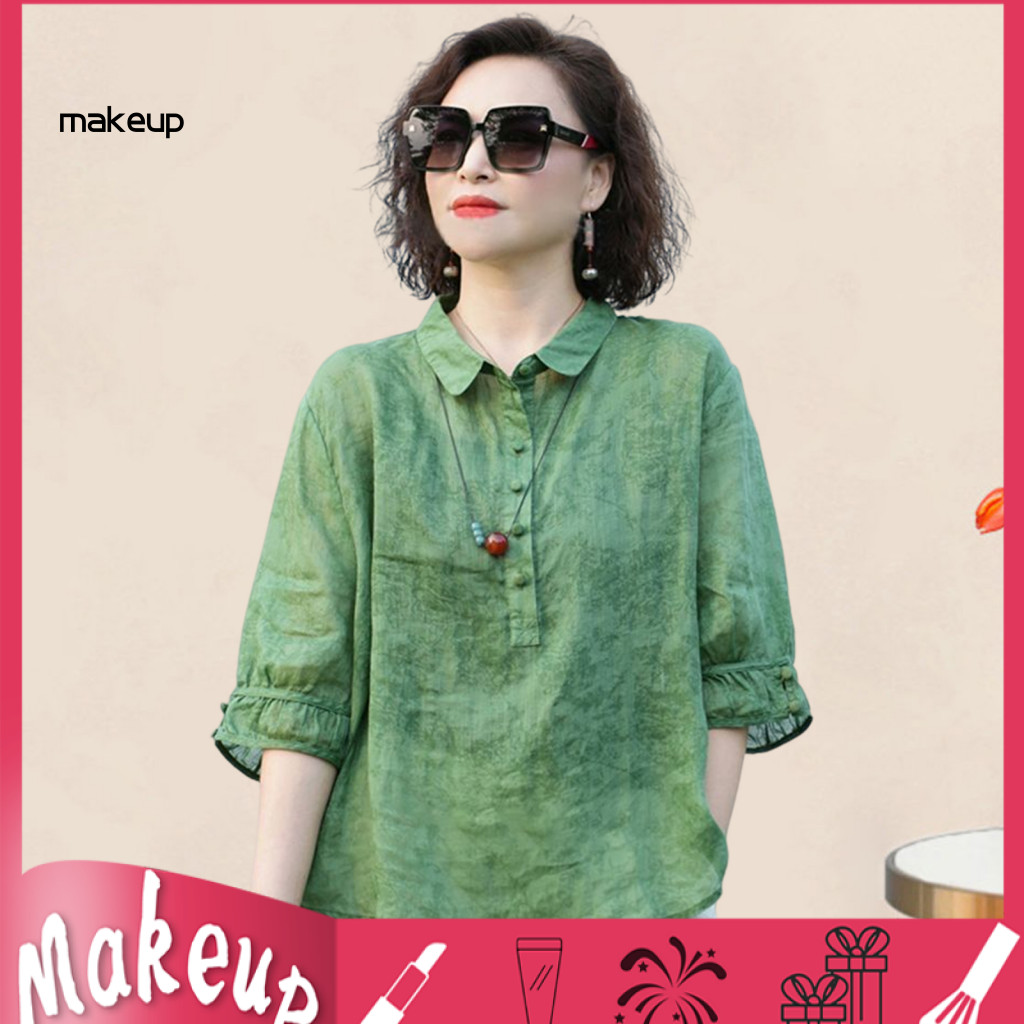 Women Lapel Shirt Half Sleeve Women’s Collar Button Pullover Top Jacquard Print Solid Color Loose Fit Thin Blouse –