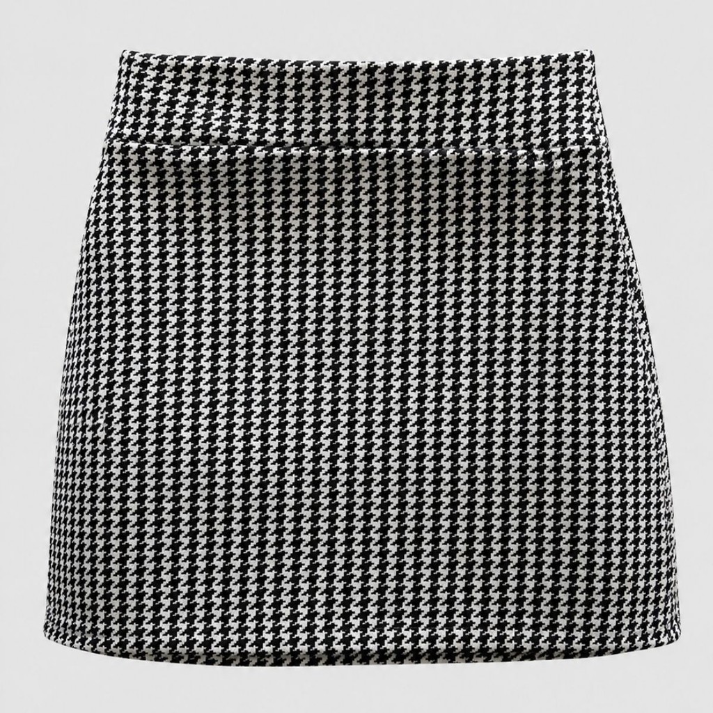 Saia Estampa Cha nel Pied de Poule Clássica Preta e Branca Xadrez Jacquard