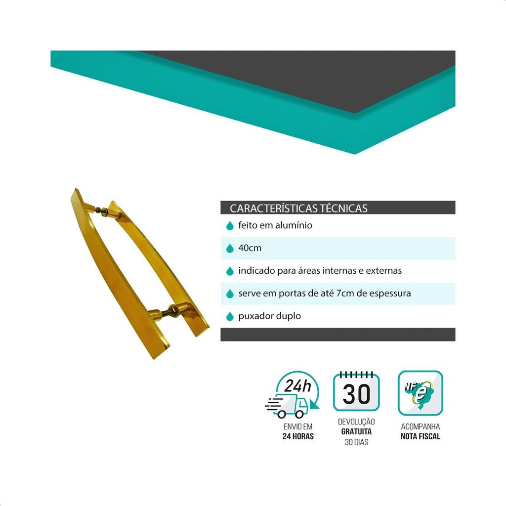Kit 2 Puxadores para Portas Madeira/Vidro 40 cm Curvo Dourado — imagem 2 de 2