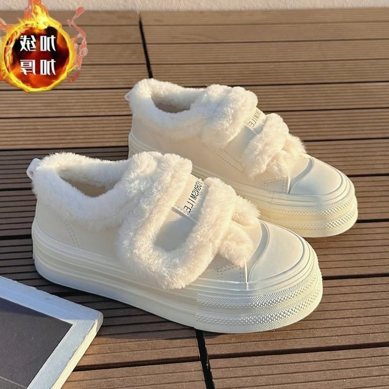 Sapatos brancos de sola grossa sapatos femininos de Velcro 2026 novo estilo forro de lã de inverno sapatos femininos sap